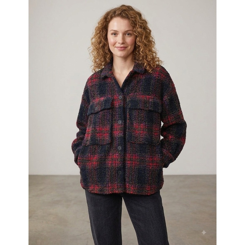 En Creme Plaid Sherpa Shacket Womens Medium Cottagecore NWT